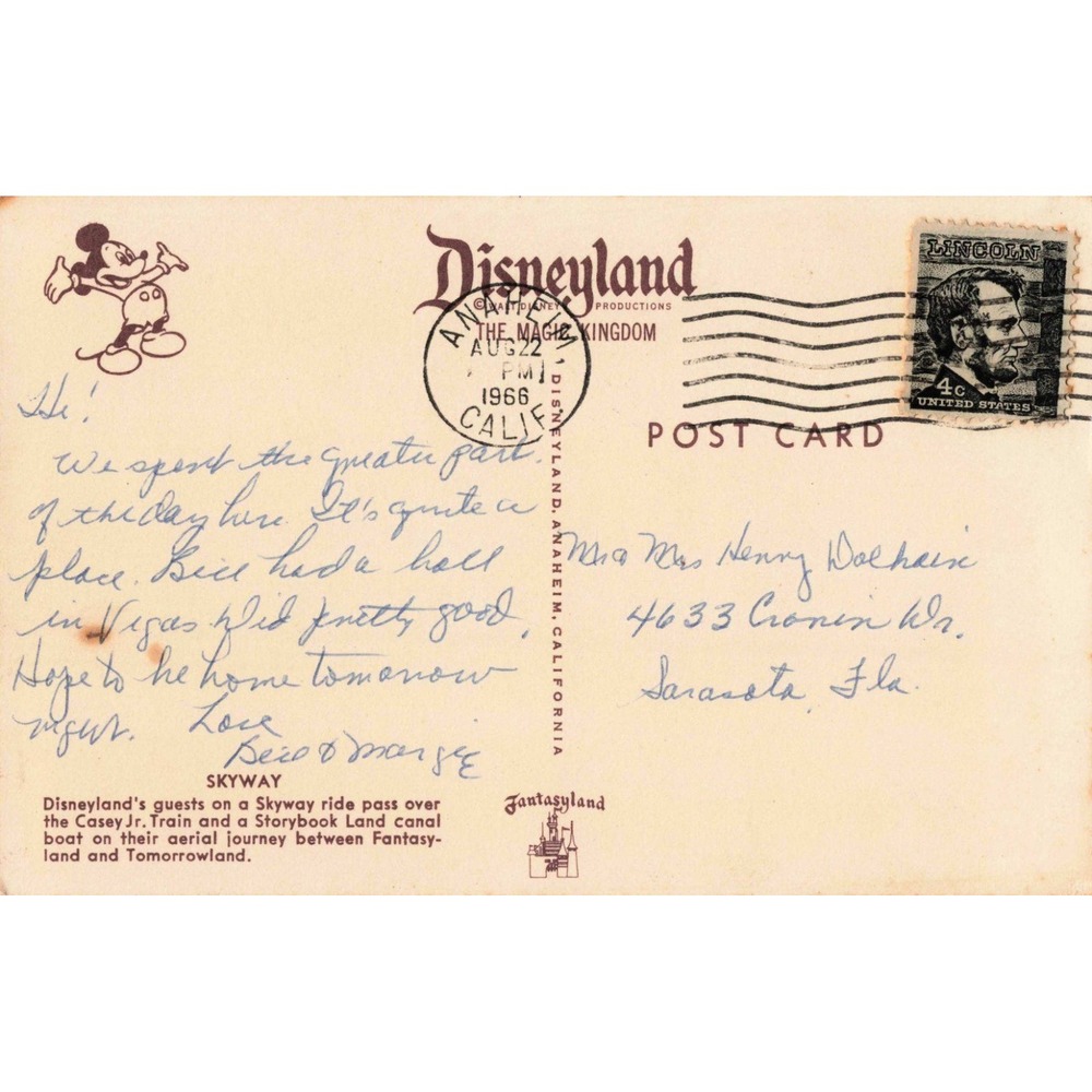 Vintage 1966 Disneyland Skyway Fantasyland Postcard Anaheim California 4c Stamp - Picture 2 of 2